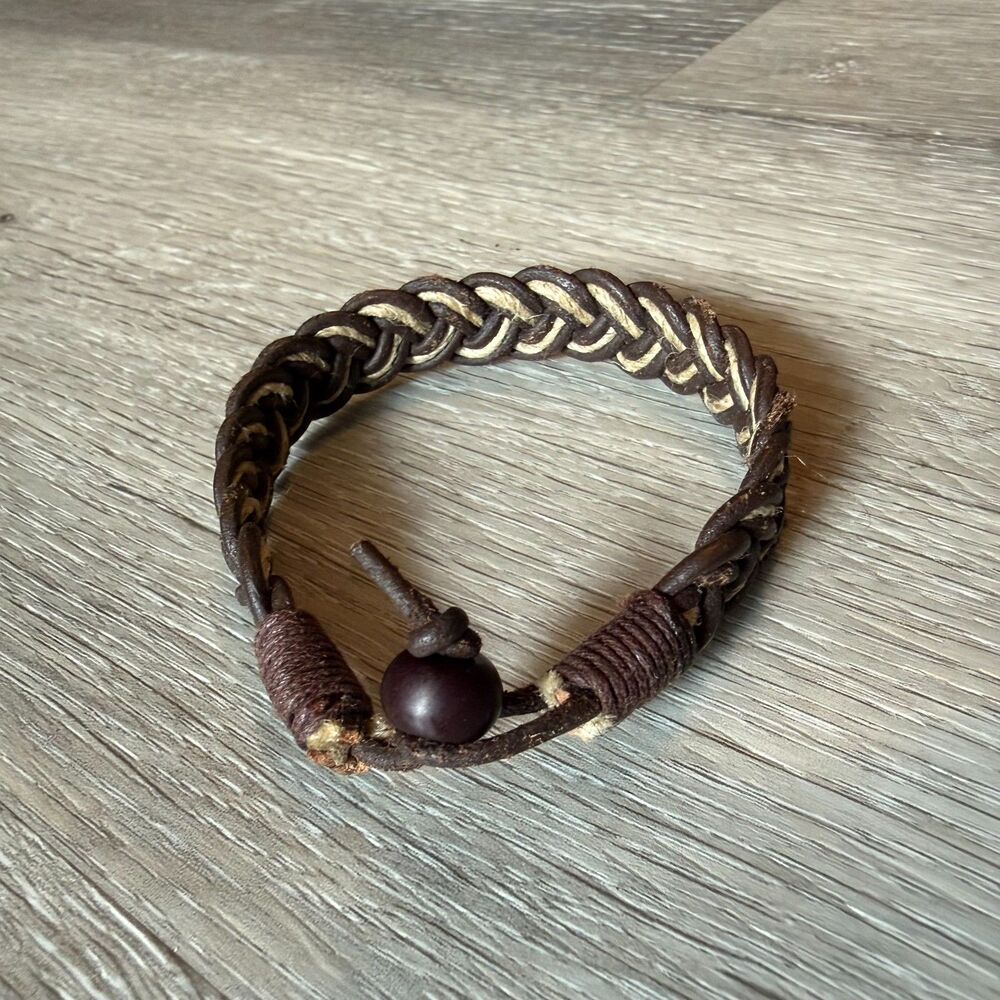 Braided Dark Brown Leather Cord Bracelet Bead Loop Closure Unisex